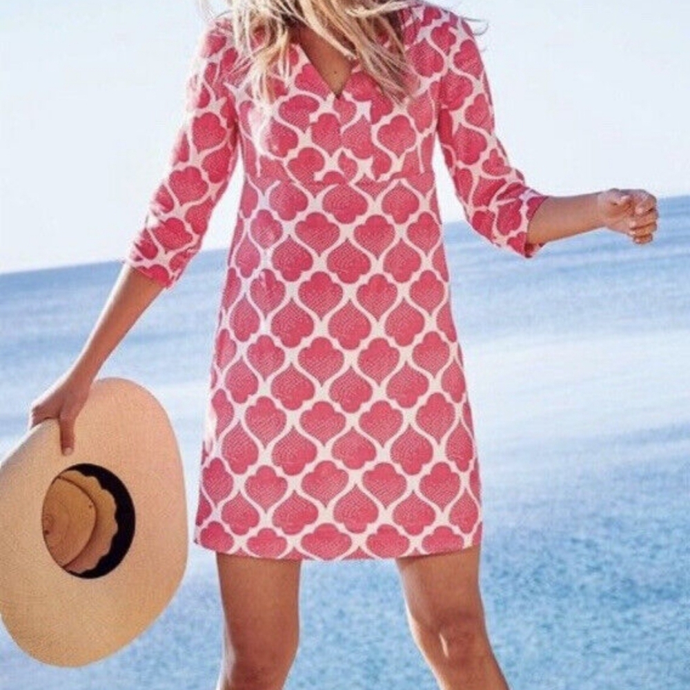 Boden Pink and White Geometric V‑Neck Shift Dress